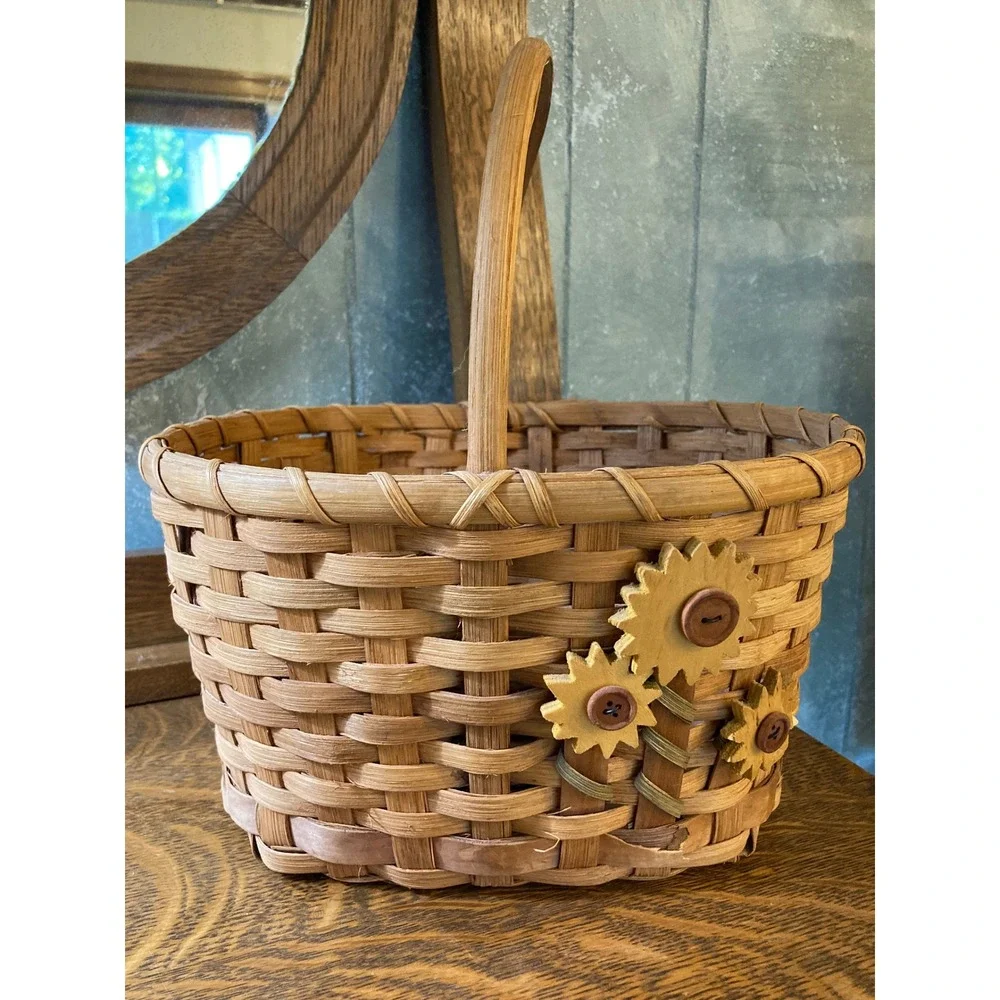 Handwoven Splint Wood Basket with Sunflower Button Accents Rustic Farmhouse